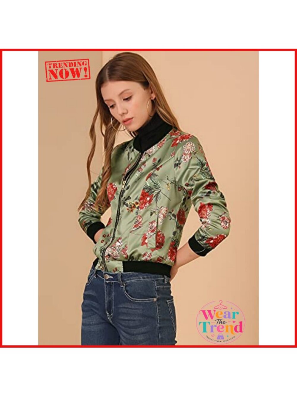 Allegra K Women's Bomber Jacket Satin Long Sleeve Floral Coat with Pocket - Picture 3 of 4